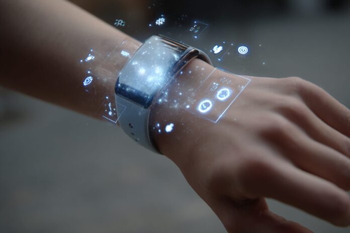 A user’s wrist wearing Meta’s prototype gesture-controlled wristband, with digital interface icons floating in the air.
