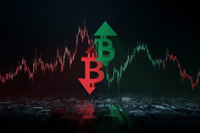A dramatic graph showing Bitcoin’s market dominance rebounding toward 62%, with opposing red and green arrows representing market indecision.