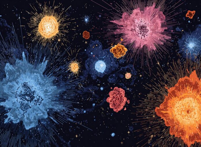 Colorful illustration of exploding supernovae scattered across a starry cosmos, symbolizing the expansion of the universe.