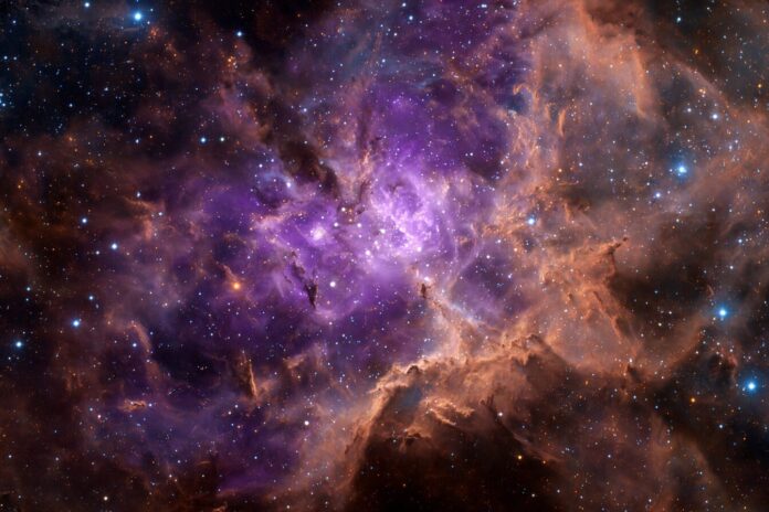 Composite image of N79 star-forming region with Chandra X-ray (purple) and Webb infrared (blue, grey, gold) overlay.
