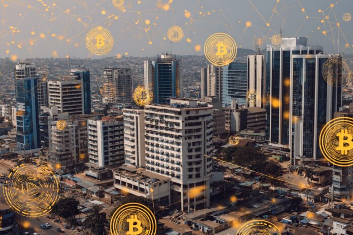 Ghanaian financial district skyline with digital crypto icons overlay.