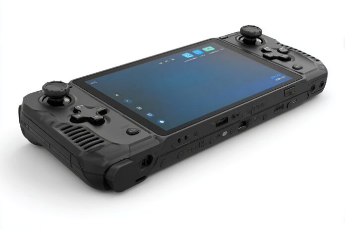 GPD Win 5 handheld with attached external battery pack shown from an angle, highlighting its cooling design and modular power solution.