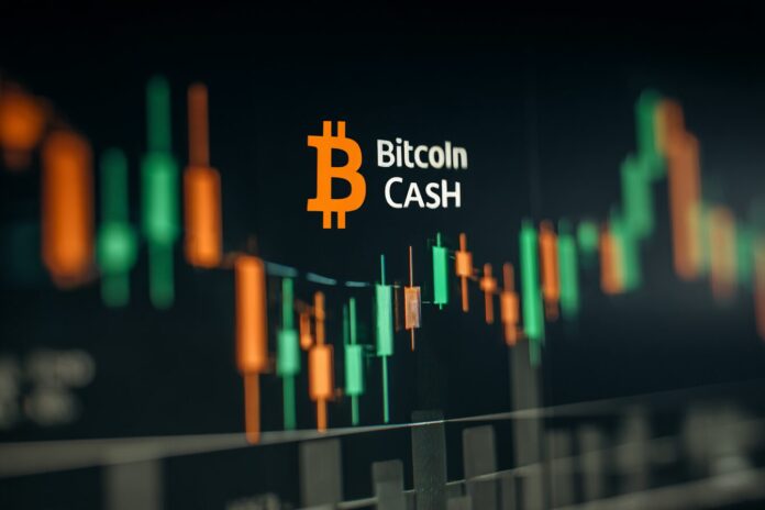 Bitcoin Cash logo and upward candlestick chart on dark digital background