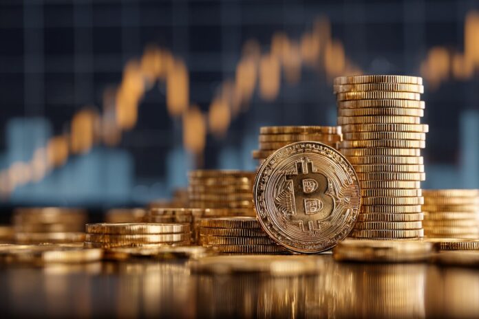 Stacks of physical coins representing Bitcoin, with a digital graph surging upward in the background, evoking Metaplanet's growing crypto reserves.