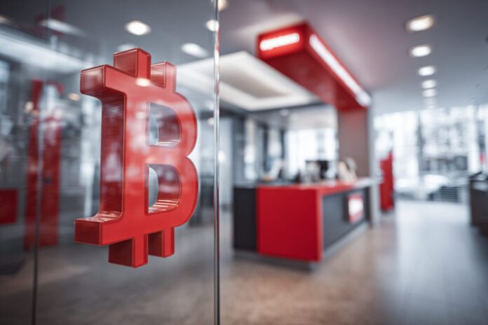 A modern Sparkassen bank branch with a Bitcoin symbol overlaid, representing the integration of traditional banking and cryptocurrency.
