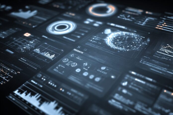 A sleek futuristic AI interface representing unified intelligence, blending text, visual, and audio icons.