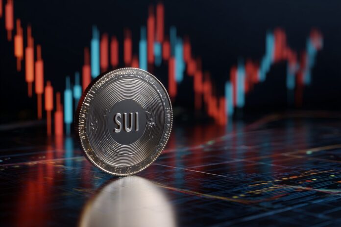 A digital representation of the SUI token experiencing price volatility with candlestick charts in the background.