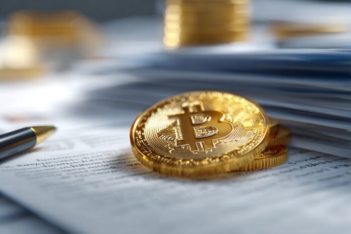 Stylized golden Bitcoin coin resting securely amid financial documents symbolizing a large institutional sale.