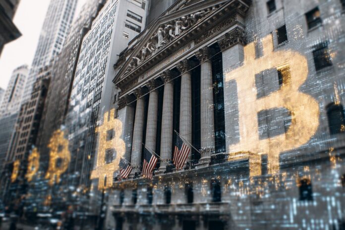 View of the New York Stock Exchange with digital Bitcoin symbols overlay.