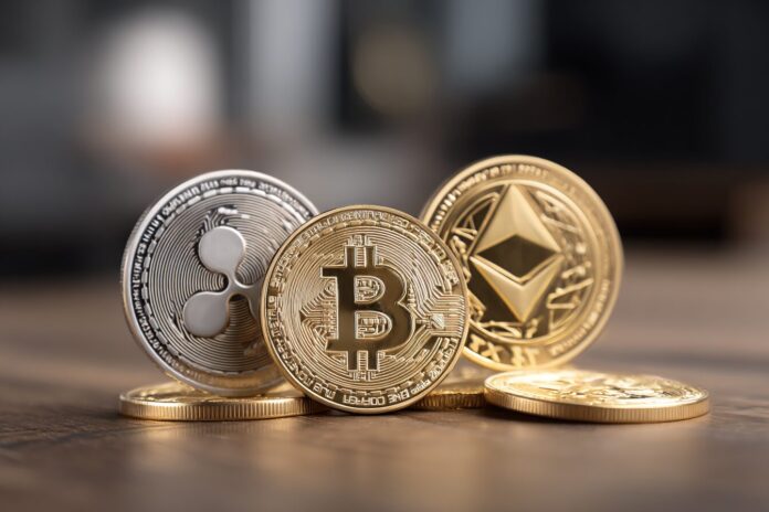 Physical Bitcoin and Ethereum coins alongside an XRP logo on a desk, representing major cryptocurrencies in a volatile market.