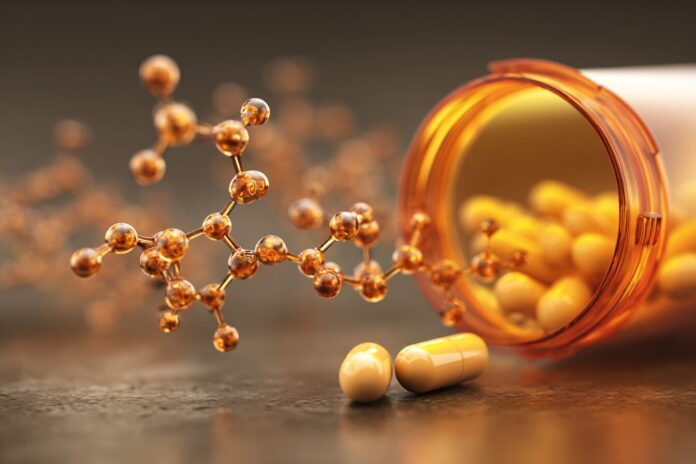 Conceptual depiction of non-hormonal male contraceptive YCT-529, with pill bottle and molecular structures.
