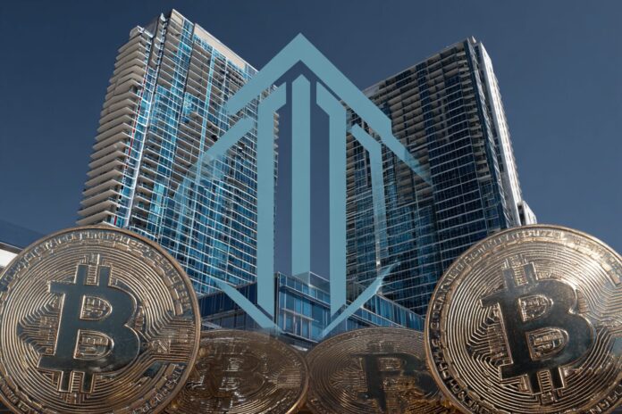 The Murano Global logo superimposed over stylized Bitcoin coins and a modern hotel skyline, representing the convergence of real estate and digital assets.