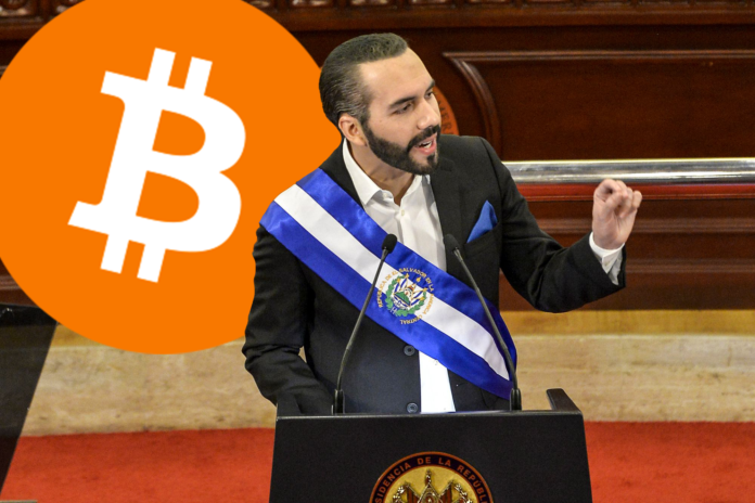 President Nayib Bukele at a press conference with Bitcoin logos in the background.
