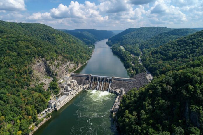 Aerial view of Holtwood and Safe Harbor hydroelectric dams in Pennsylvania, owned by Brookfield.