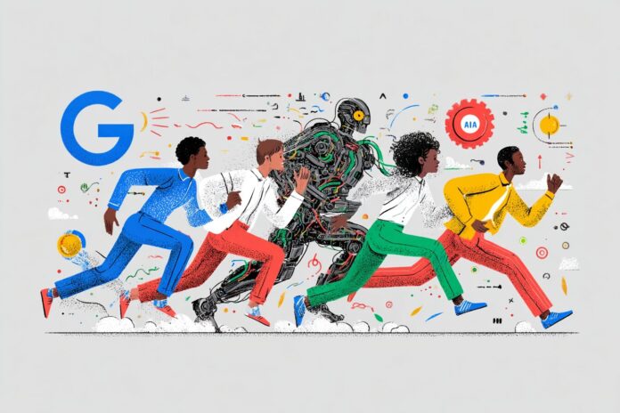 Illustration of AI researchers in a race between tech giants, with icons of Meta, OpenAI, and Google logos