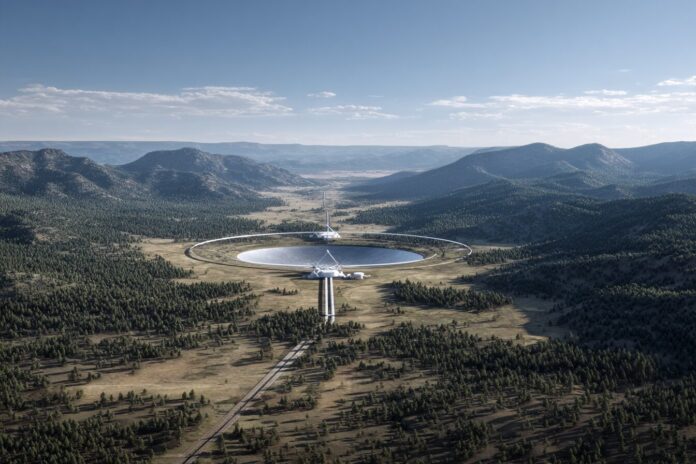 A panoramic view of the planned Cosmic Explorer facility with its monumental 40-km arms stretching across the landscape, set against a clear sky.