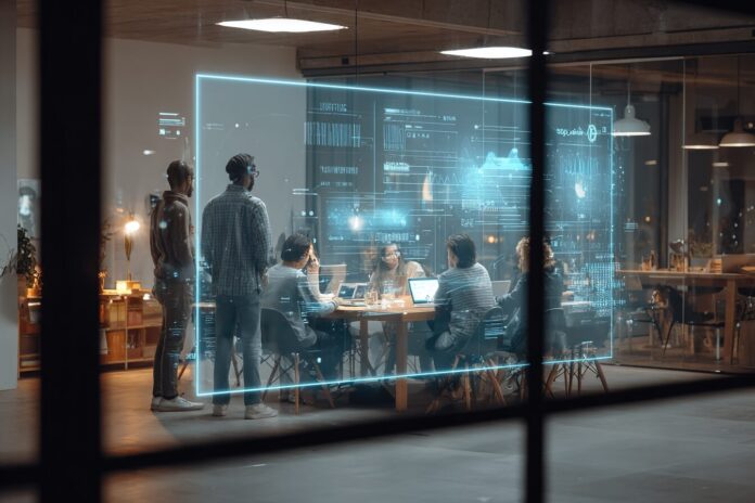 Team integrating AI agents into a business workflow at a modern office.