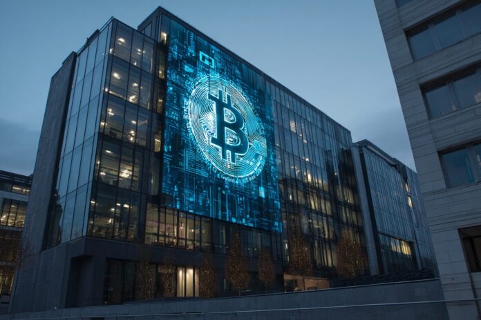 Thumzup headquarters building with digital crypto graphics.