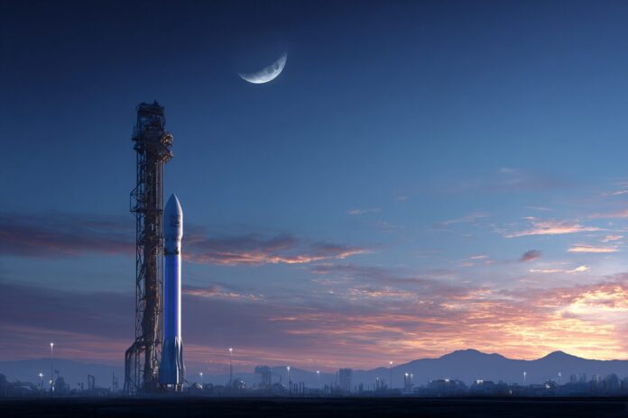Illustration showing Blue Origin's New Glenn rocket standing vertically on the launch pad against a dawn sky.