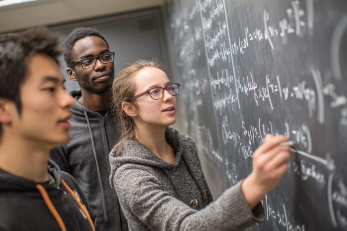 A group of mathematicians discusses equations on a chalkboard representing the Langlands program.