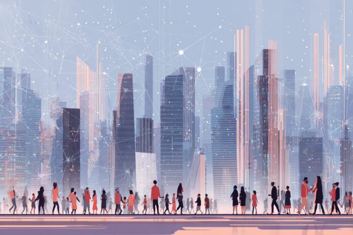 AI-powered city with diverse people using technology