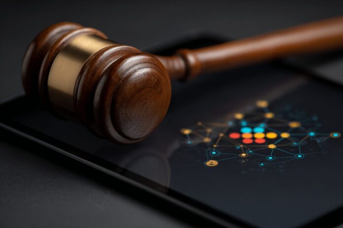A judge's gavel beside an OpenAI ChatGPT logo on a digital tablet, symbolizing the legal dispute.