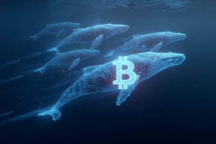 Group of digital whales swimming toward a large Bitcoin symbol in deep blue ocean.