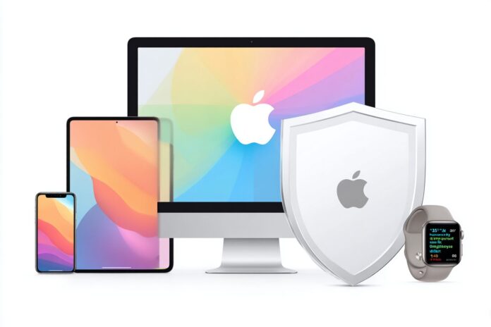 Illustration showing Apple devices—iPhone, iPad, Mac, and Apple Watch—connected under a single coverage shield.