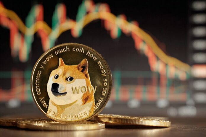 Dogecoin logo with bearish market chart in the background, signifying a steep drop.