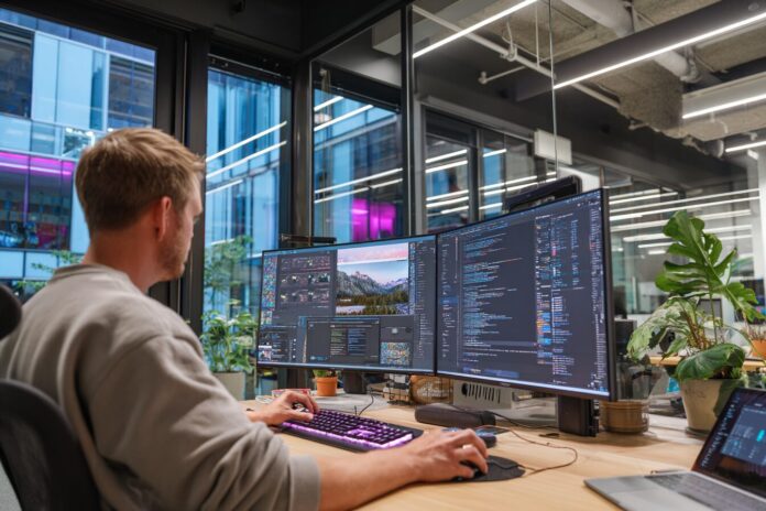 Glass office with developer using computer displaying Visual Studio AI features