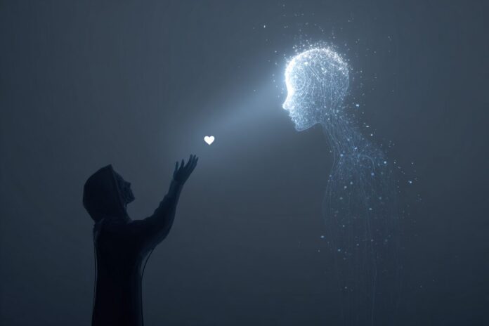 A digital illustration of a human silhouette reaching toward a glowing AI avatar, with a subtle heart icon in the background.