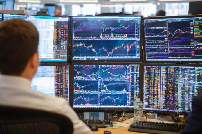 Stock market traders monitoring digital assets on large trading screens in a dynamic Wall Street environment.