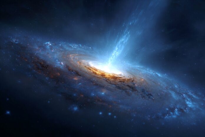 Artistic impression of an intermediate-mass black hole devouring a star in an elliptical galaxy.