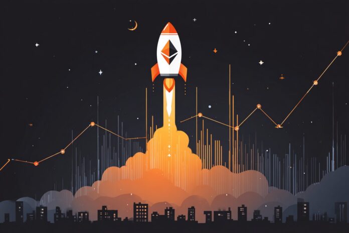 Illustration of a bullish Ethereum ETF graph rocketing upward, symbolizing rapid growth in assets under management