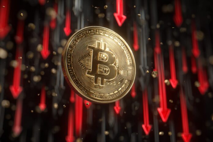A digital rendering of a golden Bitcoin coin surrounded by falling red arrows to represent a price drop.