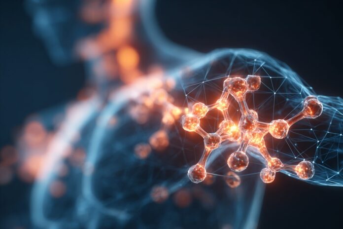 Abstract digital illustration of AI-powered molecules interacting inside a human body, symbolizing the intersection of artificial intelligence and drug discovery.