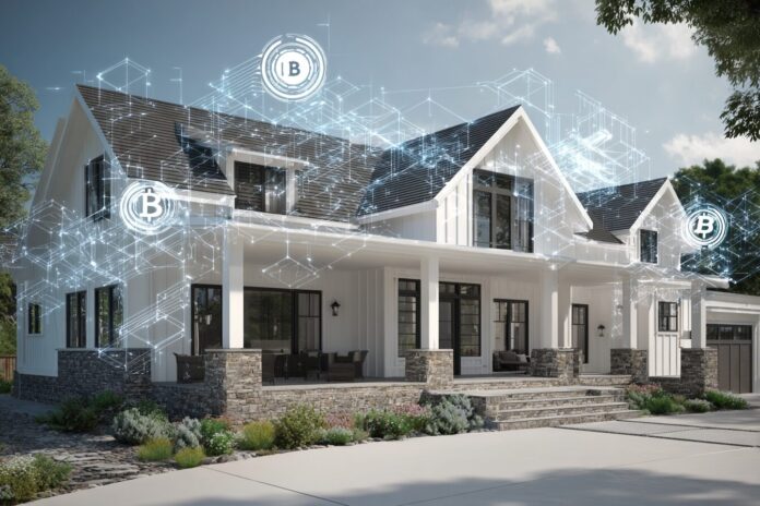 A digital rendering of an American home with blockchain symbols integrated into its design, suggesting renovation and modernization.