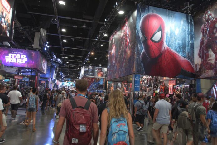 SDCC 2025 Hasbro Marvel and Star Wars Booth bustling with fans and life-size displays