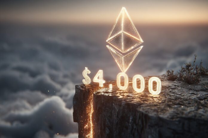 A glowing Ethereum coin standing at the edge of a precipice with $4,000 written ahead, symbolizing momentum and uncertainty.