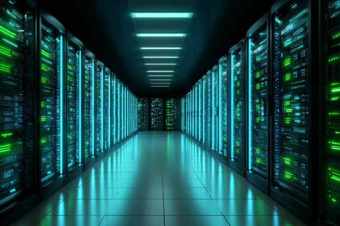 A futuristic data center filled with servers glowing in blue and green lights.