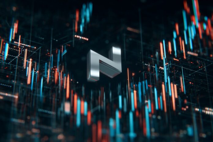 A digital illustration of NEAR Protocol's logo amidst bearish and bullish candlestick charts, symbolizing market uncertainty.