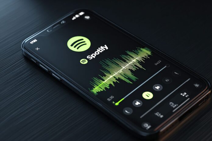 Spotify's AI DJ shown on a smartphone, with voice waveform icons indicating active listening.