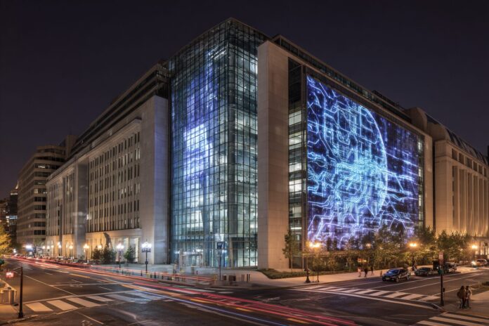 SEC headquarters in Washington DC with digital asset graphics