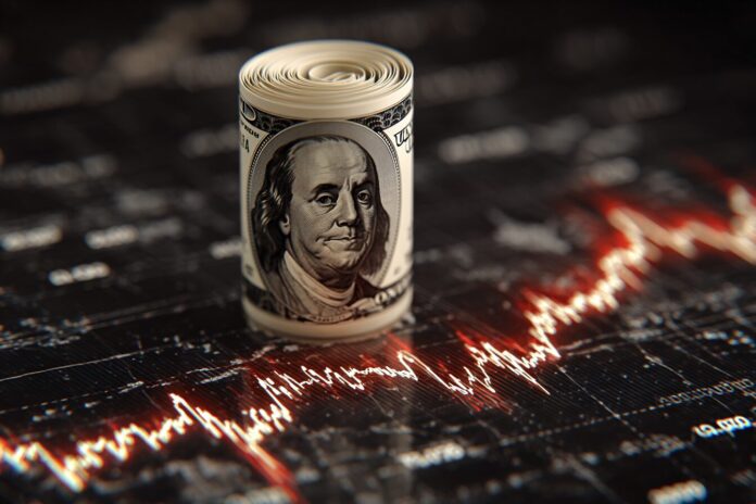 Digital rendering showing a rising USD with economic growth chart overlay