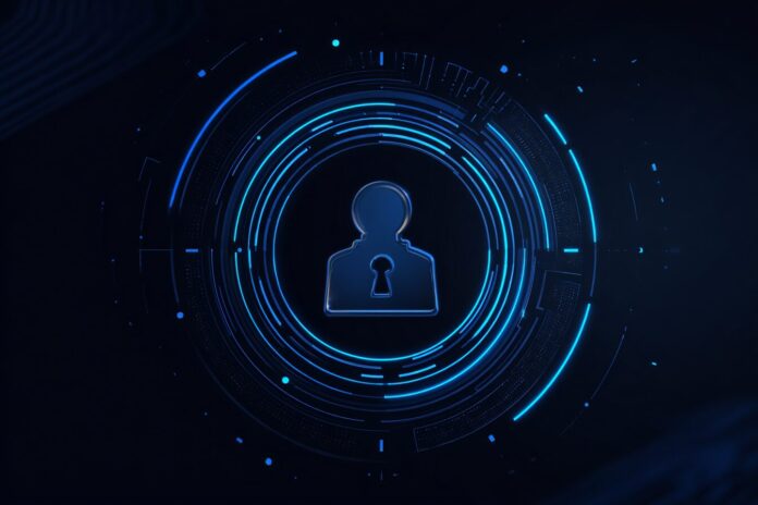 Illustration representing AI security shielding a user profile with a lock overlay