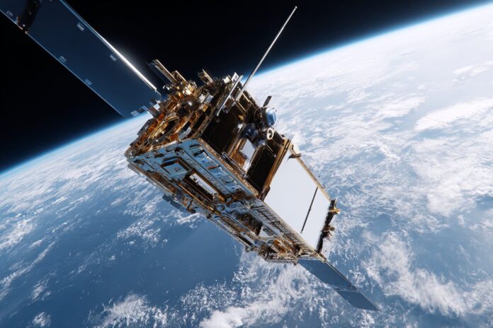 A compact photonic quantum computer in a satellite payload bay, ready for deployment in space.