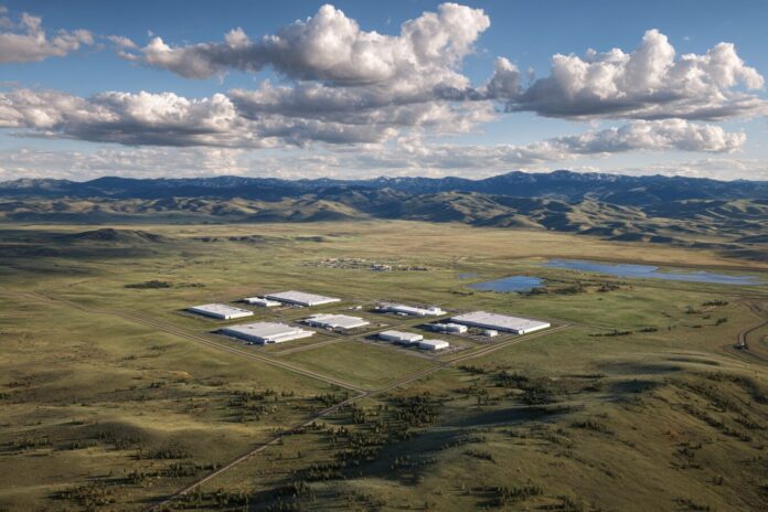 Aerial view of an industrial data center complex surrounded by Wyoming's vast landscape
