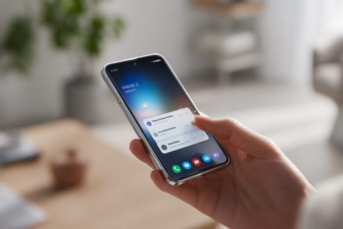 Samsung Galaxy Z Flip 7 FlexWindow cover display showcasing notifications and quick replies.