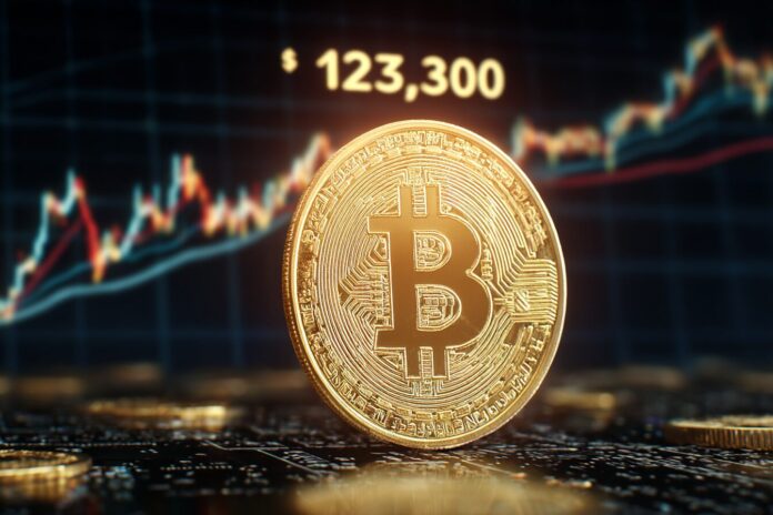A digital rendering of a golden Bitcoin breaking past a bold $123,000 price display, with a dramatic background of rising stock chart lines.