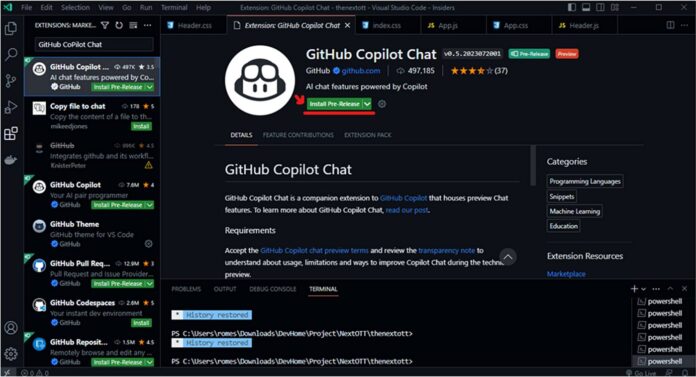 Laptop screen with VS Code open, showing GitHub Copilot chat interaction.
